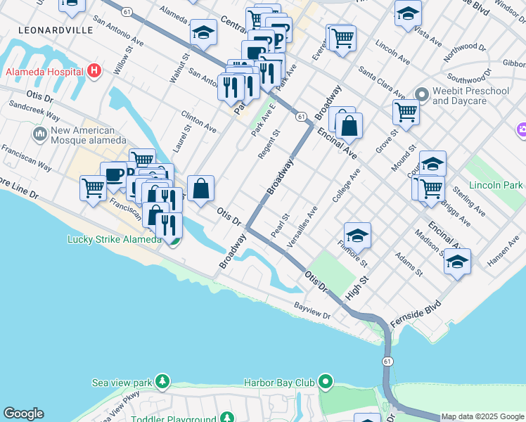 map of restaurants, bars, coffee shops, grocery stores, and more near 1034 Broadway in Alameda