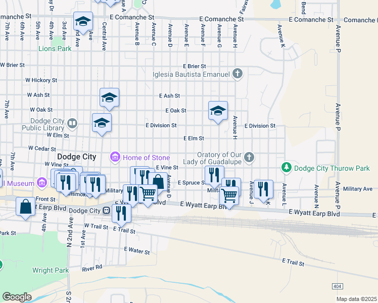 map of restaurants, bars, coffee shops, grocery stores, and more near 900 Avenue E in Dodge City
