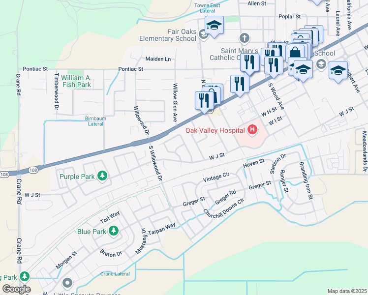 map of restaurants, bars, coffee shops, grocery stores, and more near 1811 Mezzo Lane in Oakdale