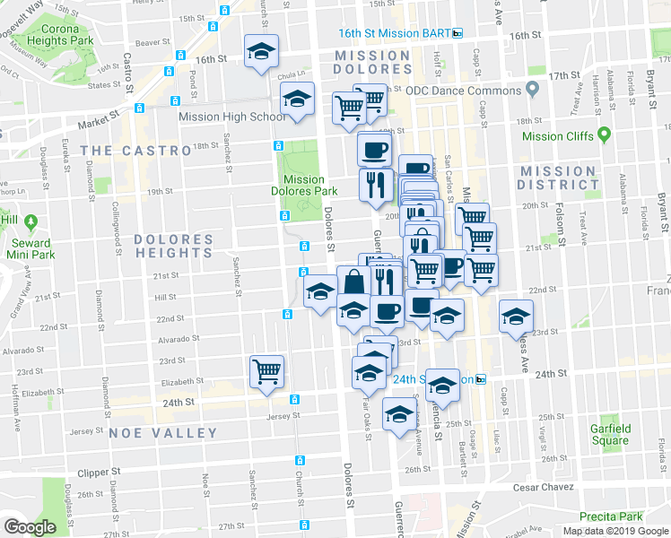 map of restaurants, bars, coffee shops, grocery stores, and more near 811 Dolores Street in San Francisco