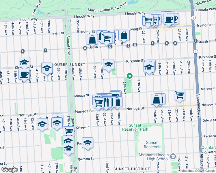 map of restaurants, bars, coffee shops, grocery stores, and more near 1651 31st Avenue in San Francisco