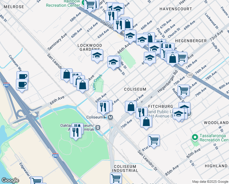 map of restaurants, bars, coffee shops, grocery stores, and more near 901 70th Avenue in Oakland