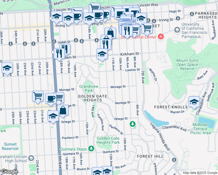 map of restaurants, bars, coffee shops, grocery stores, and more near 549 Moraga Street in San Francisco