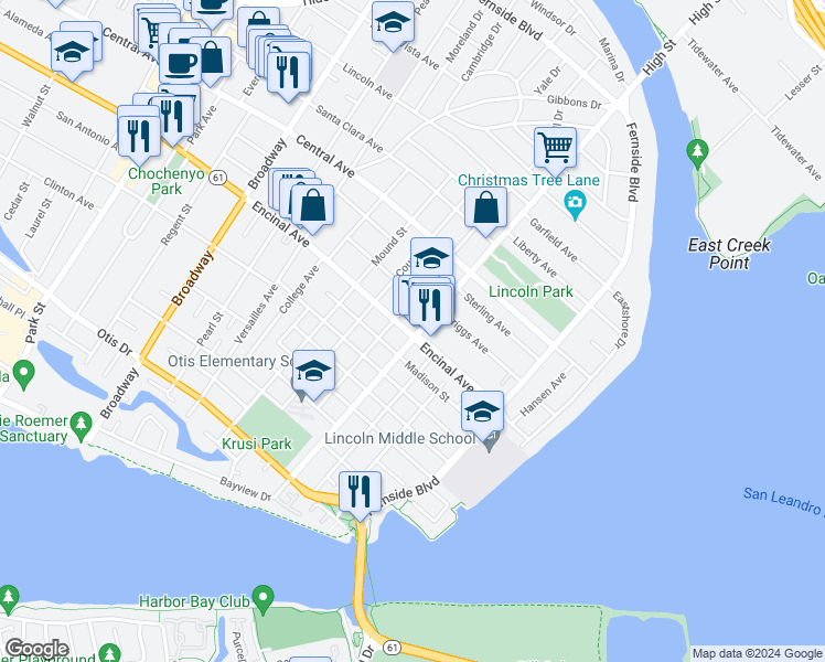 map of restaurants, bars, coffee shops, grocery stores, and more near 3115 Encinal Avenue in Alameda