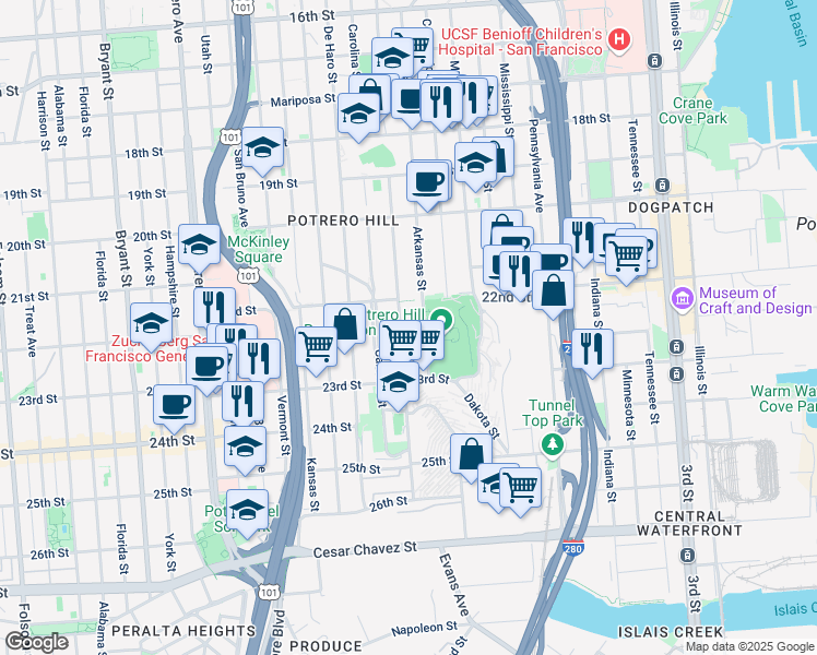 map of restaurants, bars, coffee shops, grocery stores, and more near 863 Wisconsin Street in San Francisco