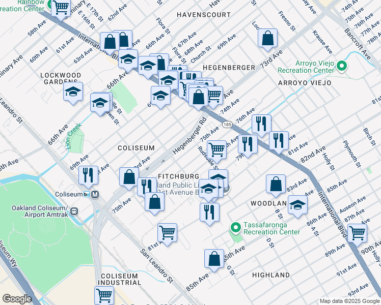 map of restaurants, bars, coffee shops, grocery stores, and more near 1166 75th Avenue in Oakland