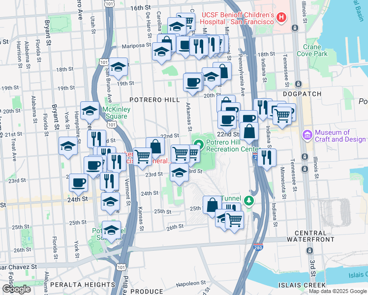 map of restaurants, bars, coffee shops, grocery stores, and more near 865 Wisconsin Street in San Francisco