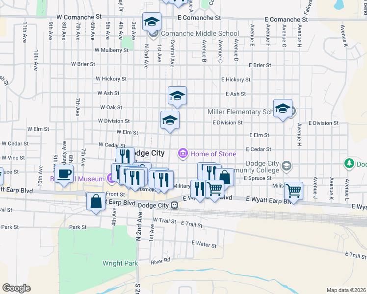 map of restaurants, bars, coffee shops, grocery stores, and more near 901 Avenue A in Dodge City