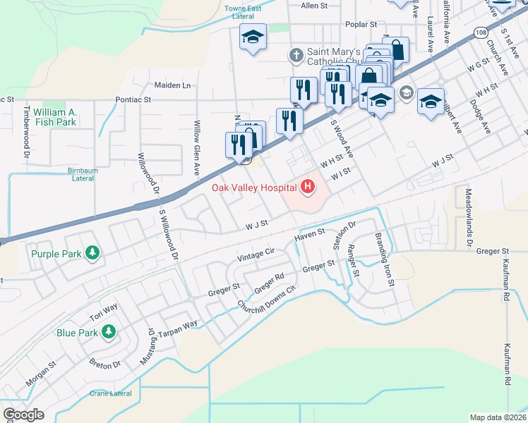 map of restaurants, bars, coffee shops, grocery stores, and more near 356 South Lee Avenue in Oakdale