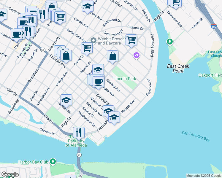map of restaurants, bars, coffee shops, grocery stores, and more near 3237 Briggs Avenue in Alameda