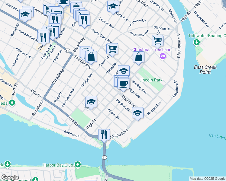 map of restaurants, bars, coffee shops, grocery stores, and more near 1240 Fountain Street in Alameda
