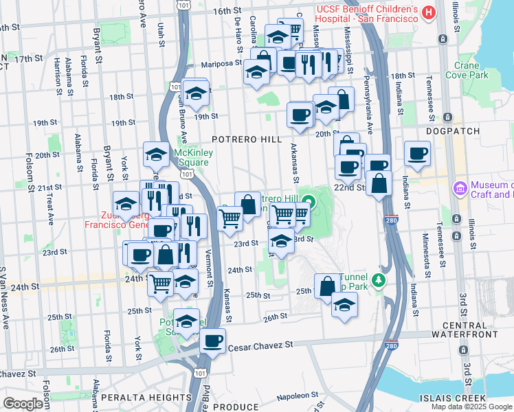 map of restaurants, bars, coffee shops, grocery stores, and more near 1053 De Haro Street in San Francisco