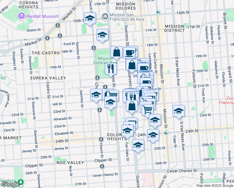 map of restaurants, bars, coffee shops, grocery stores, and more near 807 Dolores Street in San Francisco