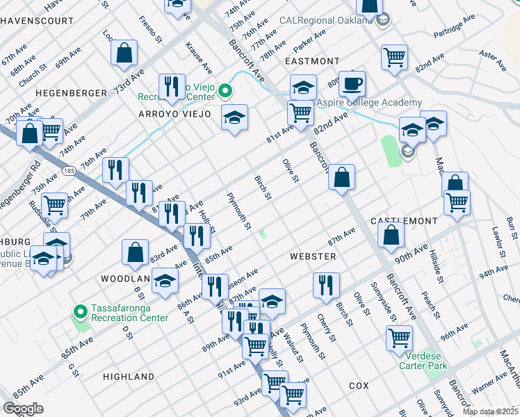 map of restaurants, bars, coffee shops, grocery stores, and more near 1743 84th Avenue in Oakland