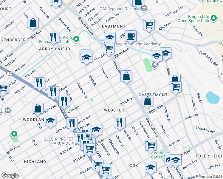 map of restaurants, bars, coffee shops, grocery stores, and more near 1968 85th Avenue in Oakland