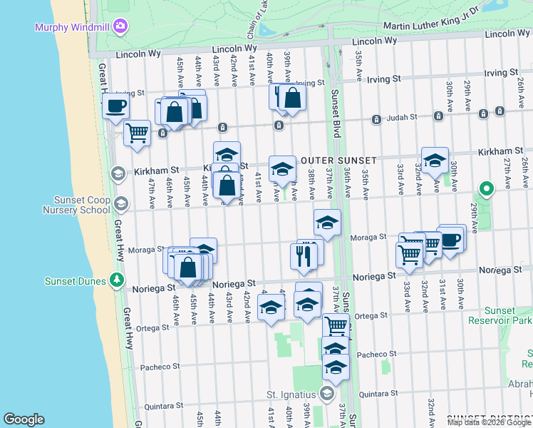 map of restaurants, bars, coffee shops, grocery stores, and more near 1619 41st Avenue in San Francisco