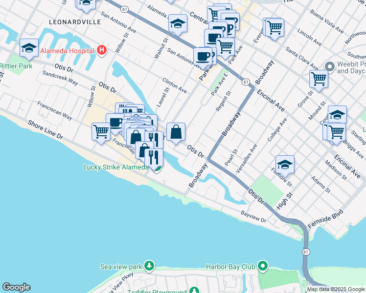 map of restaurants, bars, coffee shops, grocery stores, and more near 2438 Otis Drive in Alameda