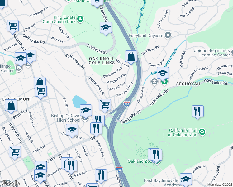 map of restaurants, bars, coffee shops, grocery stores, and more near 3441 Oak Knoll Boulevard in Oakland