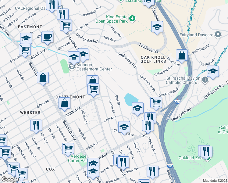 map of restaurants, bars, coffee shops, grocery stores, and more near 9000 Burr Street in Oakland