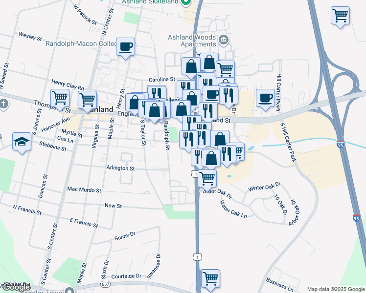 map of restaurants, bars, coffee shops, grocery stores, and more near 511 Myrtle Street in Ashland