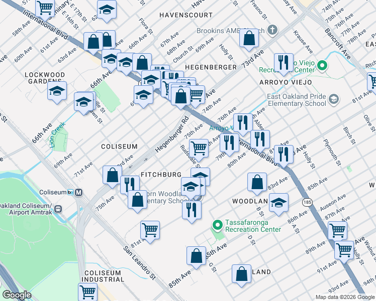 map of restaurants, bars, coffee shops, grocery stores, and more near 7600 Herbert Guice Way in Oakland