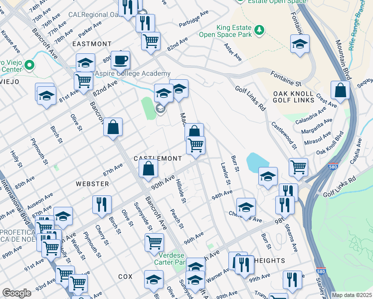 map of restaurants, bars, coffee shops, grocery stores, and more near 2455 89th Avenue in Oakland