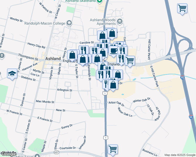 map of restaurants, bars, coffee shops, grocery stores, and more near 511 Myrtle Street in Ashland