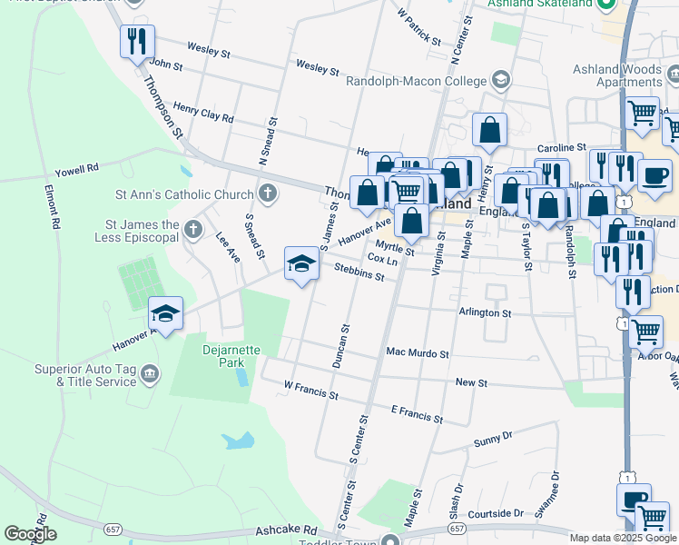 map of restaurants, bars, coffee shops, grocery stores, and more near 207 Stebbins Street in Ashland