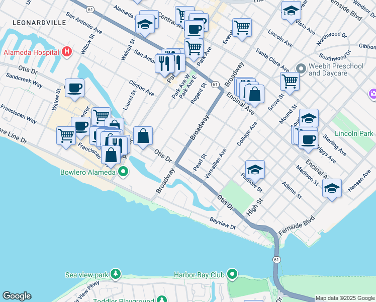 map of restaurants, bars, coffee shops, grocery stores, and more near 2602 Calhoun Street in Alameda