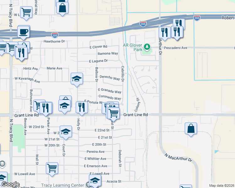map of restaurants, bars, coffee shops, grocery stores, and more near 318 East Granada Way in Tracy