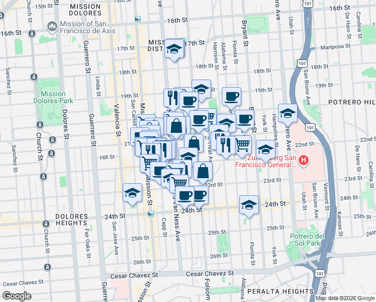 map of restaurants, bars, coffee shops, grocery stores, and more near 2546 Folsom Street in San Francisco