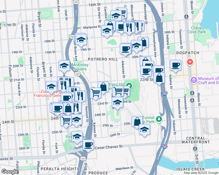 map of restaurants, bars, coffee shops, grocery stores, and more near 956 Carolina Street in San Francisco