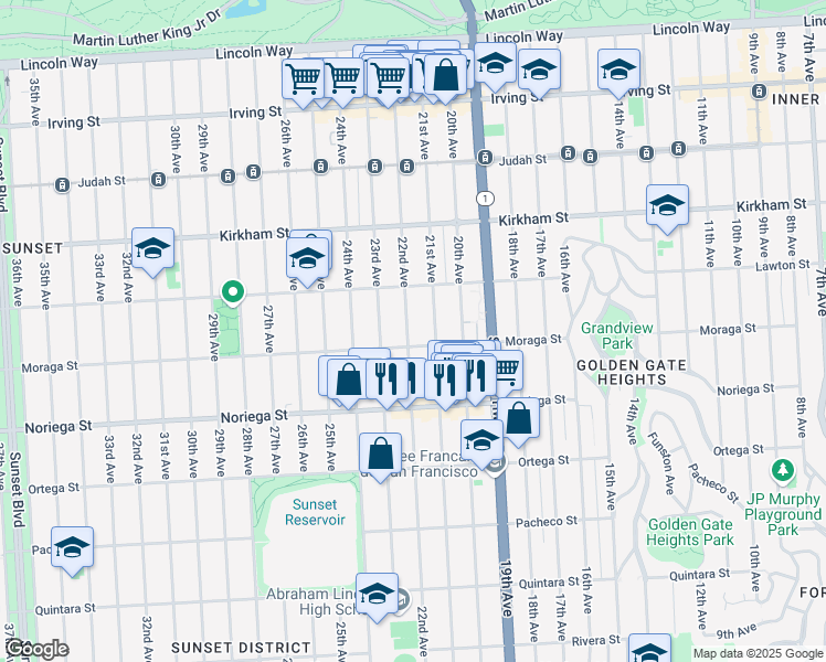 map of restaurants, bars, coffee shops, grocery stores, and more near 1674 22nd Avenue in San Francisco