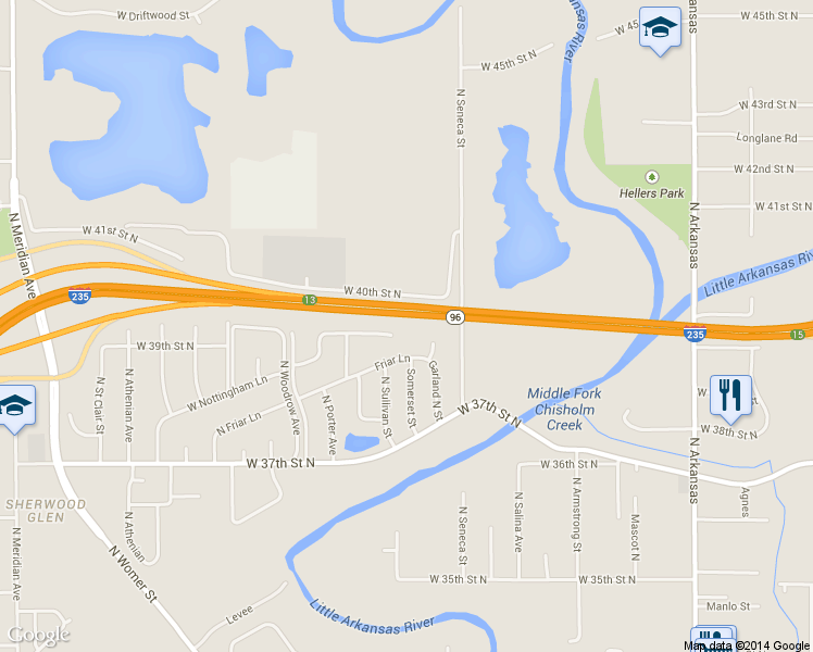 map of restaurants, bars, coffee shops, grocery stores, and more near 1303 West Nottingham Circle in Wichita