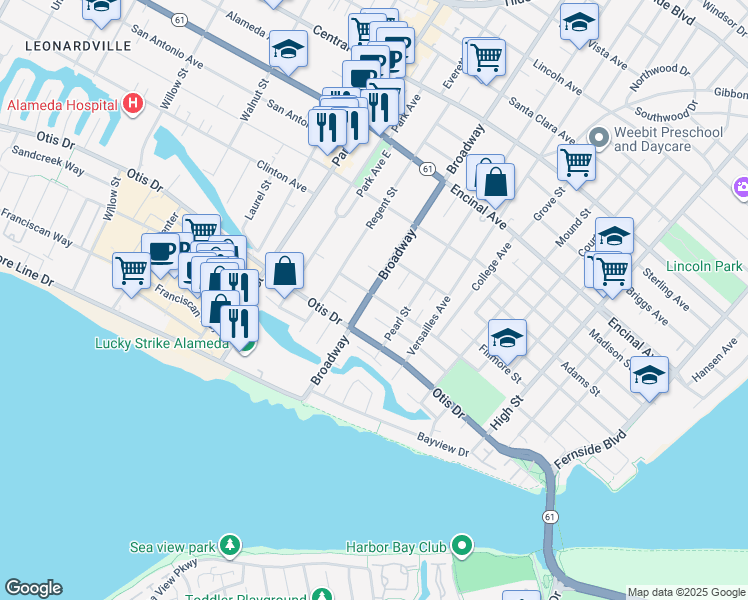 map of restaurants, bars, coffee shops, grocery stores, and more near 2602 Calhoun Street in Alameda