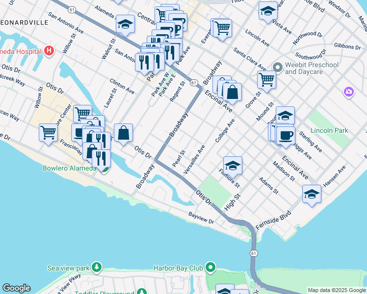 map of restaurants, bars, coffee shops, grocery stores, and more near 1013 Pearl Street in Alameda