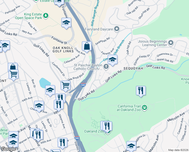 map of restaurants, bars, coffee shops, grocery stores, and more near 3655 Calafia Avenue in Oakland