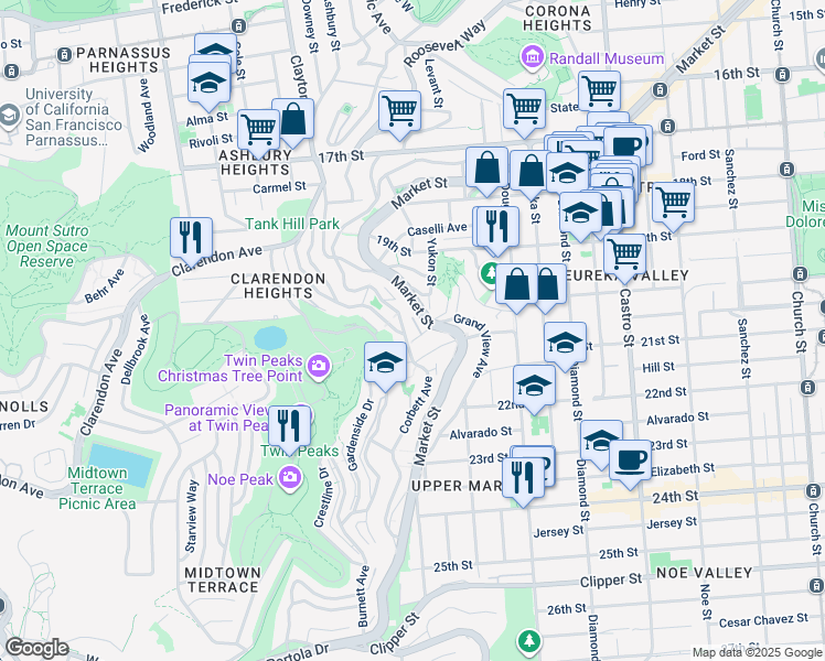 map of restaurants, bars, coffee shops, grocery stores, and more near 642 Corbett Avenue in San Francisco