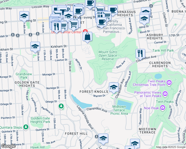 map of restaurants, bars, coffee shops, grocery stores, and more near 223 Crestmont Drive in San Francisco
