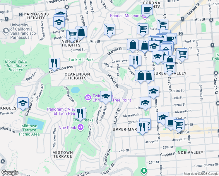 map of restaurants, bars, coffee shops, grocery stores, and more near 642 Corbett Avenue in San Francisco