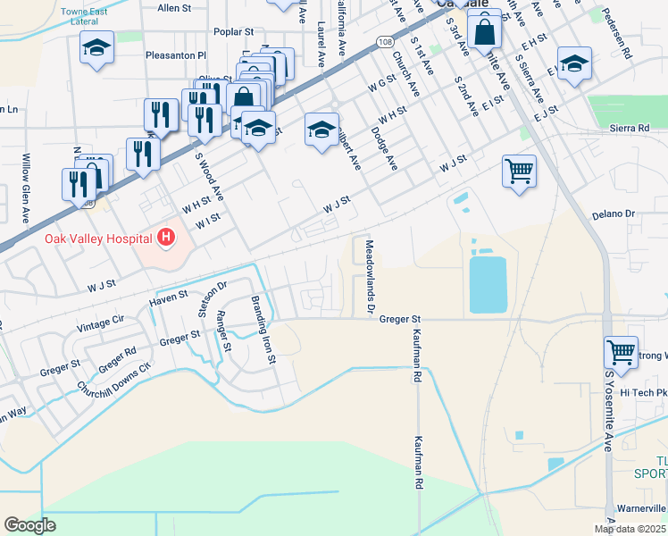 map of restaurants, bars, coffee shops, grocery stores, and more near 428 Ranger Court in Oakdale