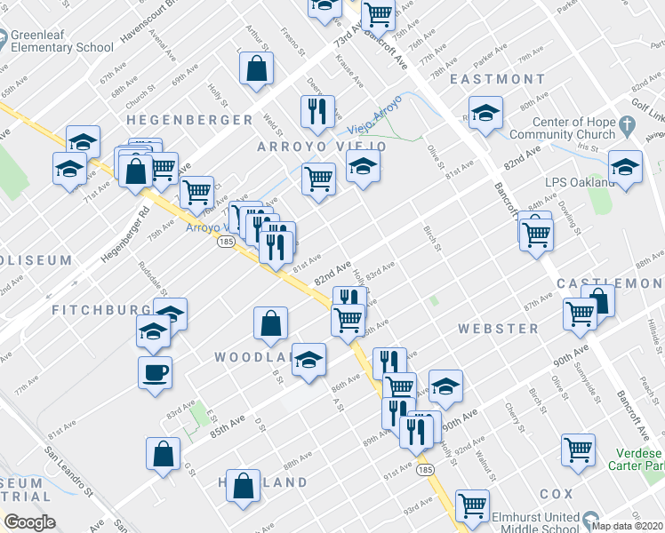 map of restaurants, bars, coffee shops, grocery stores, and more near 1479 82nd Avenue in Oakland