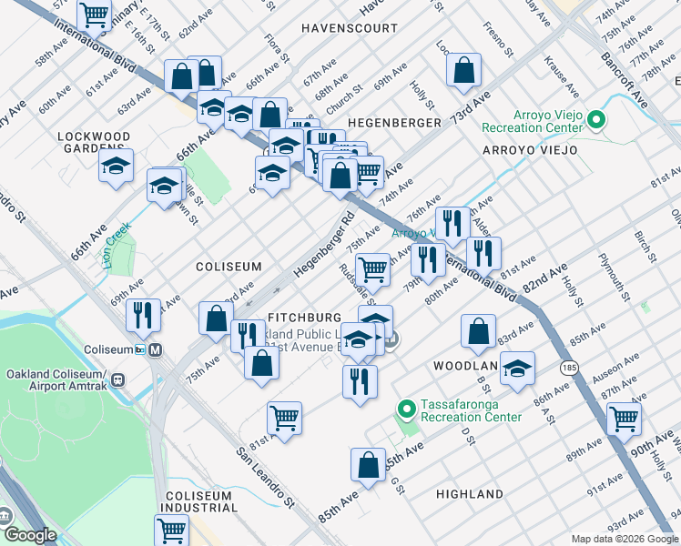 map of restaurants, bars, coffee shops, grocery stores, and more near 1166 75th Avenue in Oakland