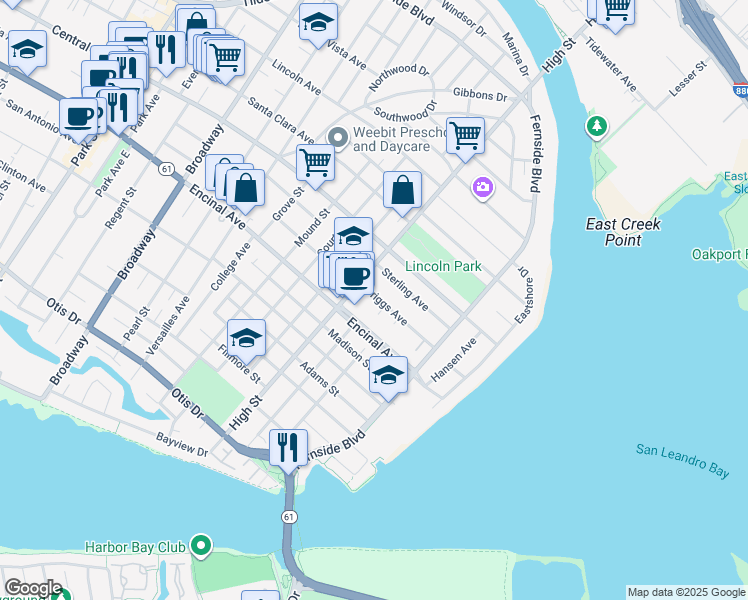 map of restaurants, bars, coffee shops, grocery stores, and more near 3233 Briggs Avenue in Alameda