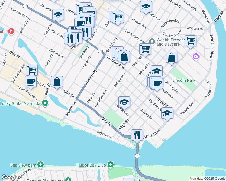 map of restaurants, bars, coffee shops, grocery stores, and more near 1118 College Avenue in Alameda