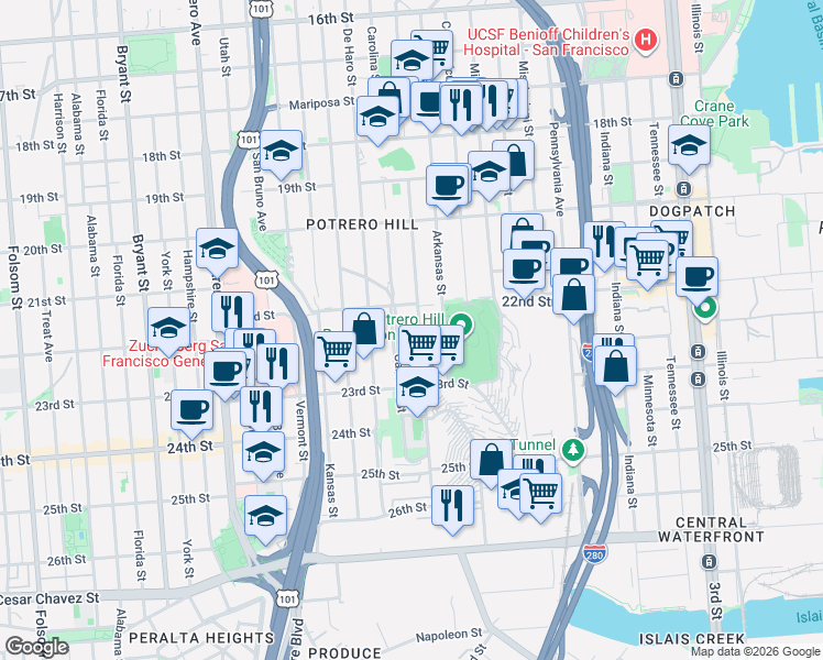 map of restaurants, bars, coffee shops, grocery stores, and more near 863 Wisconsin Street in San Francisco
