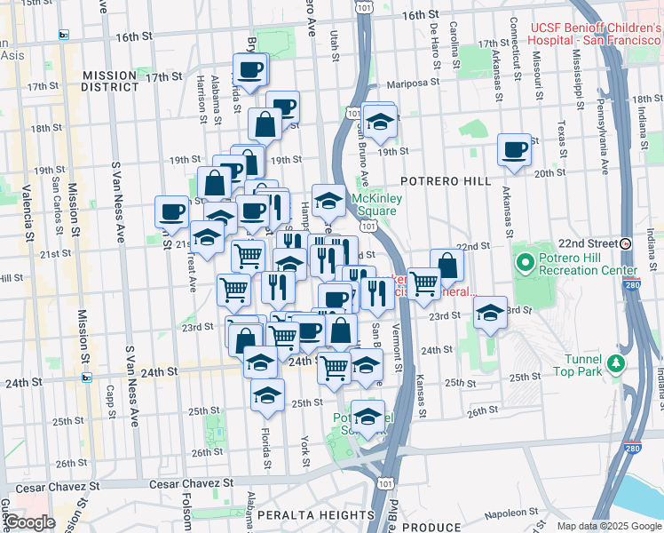 map of restaurants, bars, coffee shops, grocery stores, and more near 1001 Potrero Avenue in San Francisco