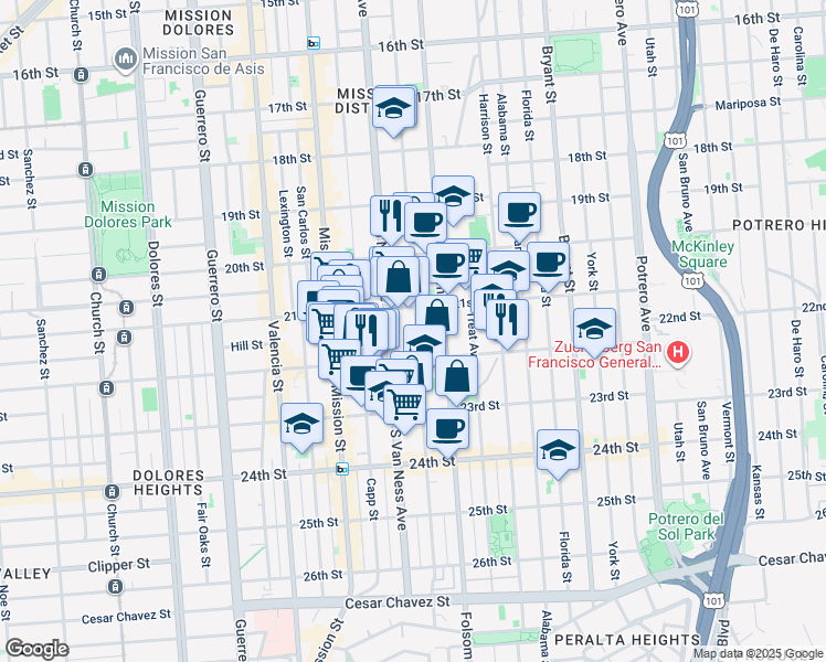 map of restaurants, bars, coffee shops, grocery stores, and more near 2546 Folsom Street in San Francisco