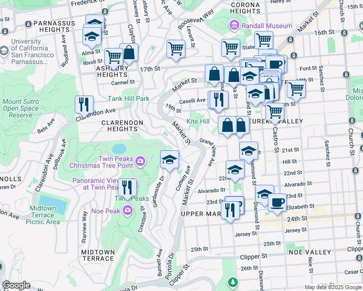 map of restaurants, bars, coffee shops, grocery stores, and more near 642 Corbett Avenue in San Francisco