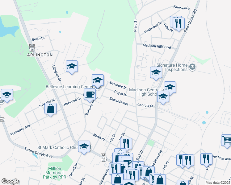 map of restaurants, bars, coffee shops, grocery stores, and more near 5 Turpin Drive in Richmond